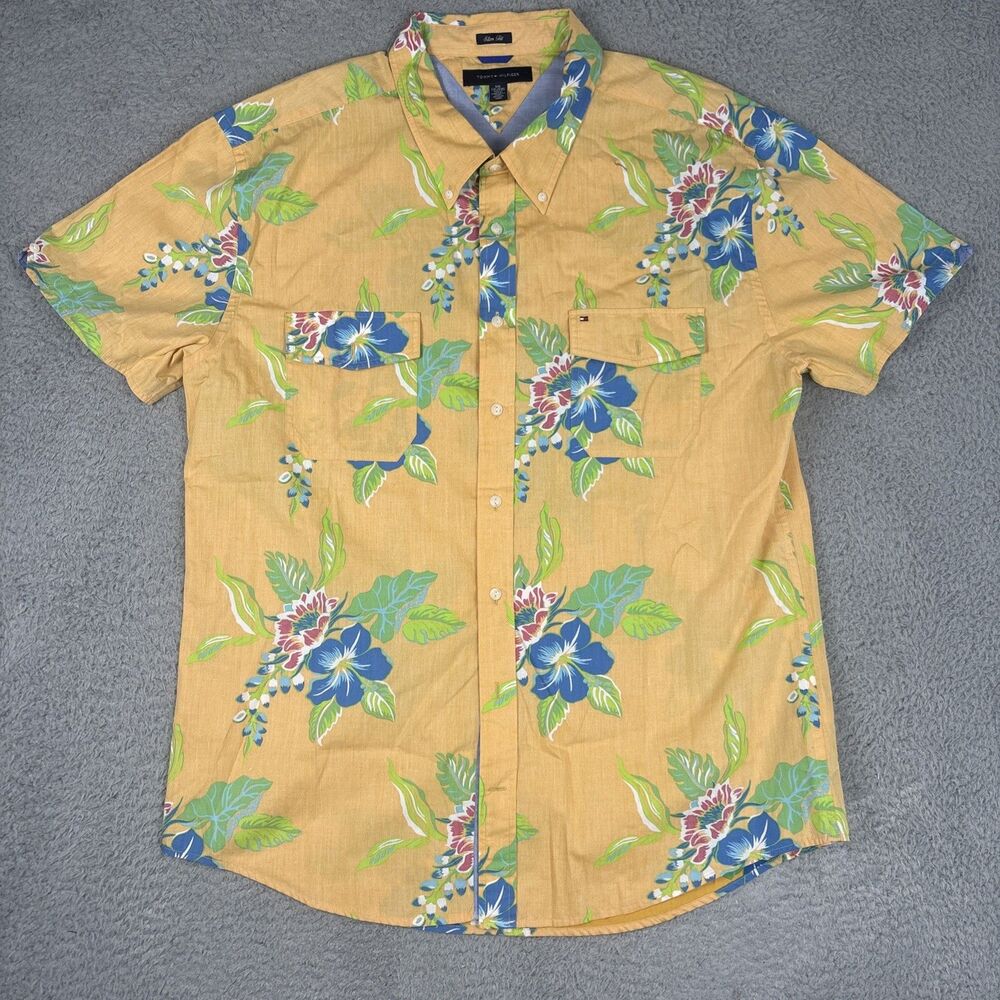 Tommy Bahama Cotton Slim Fit Hawaiian Shirt Yellow Tropical Floral Button SS XXL